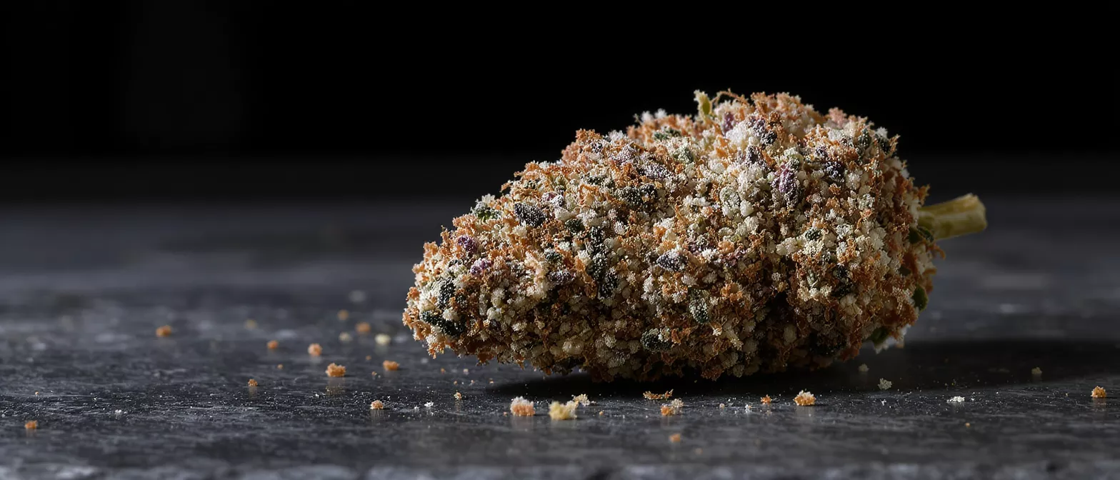 Close-up of a cannabis bud heavily coated in kief and trichomes on a dark surface.