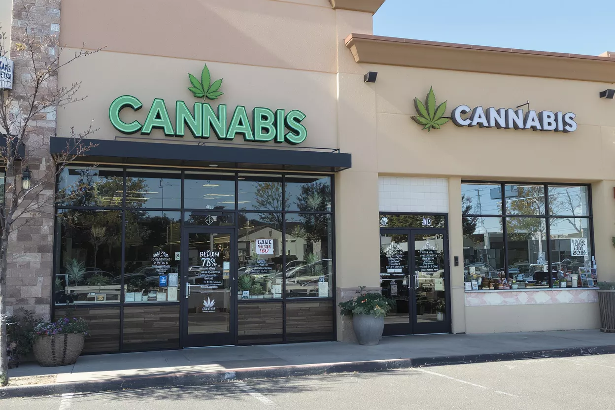 Exterior view of a cannabis dispensary storefront with green and white signs.