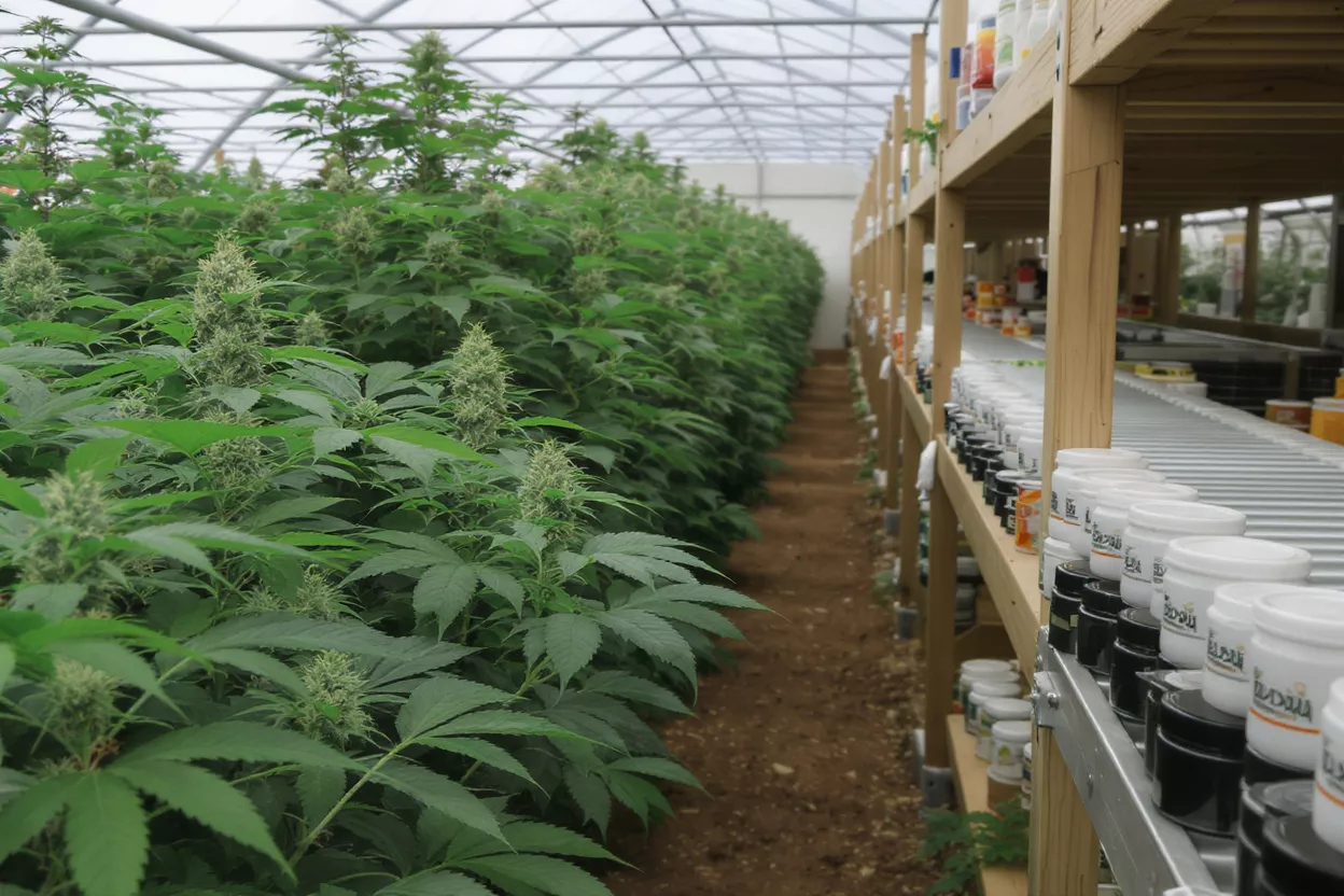 Rows of cannabis plants growing in a greenhouse next to shelves of products.