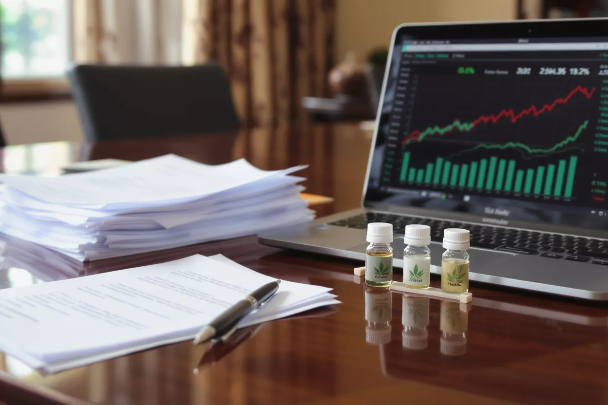 Laptop displaying stock charts, CBD oil bottles, and documents on a desk.