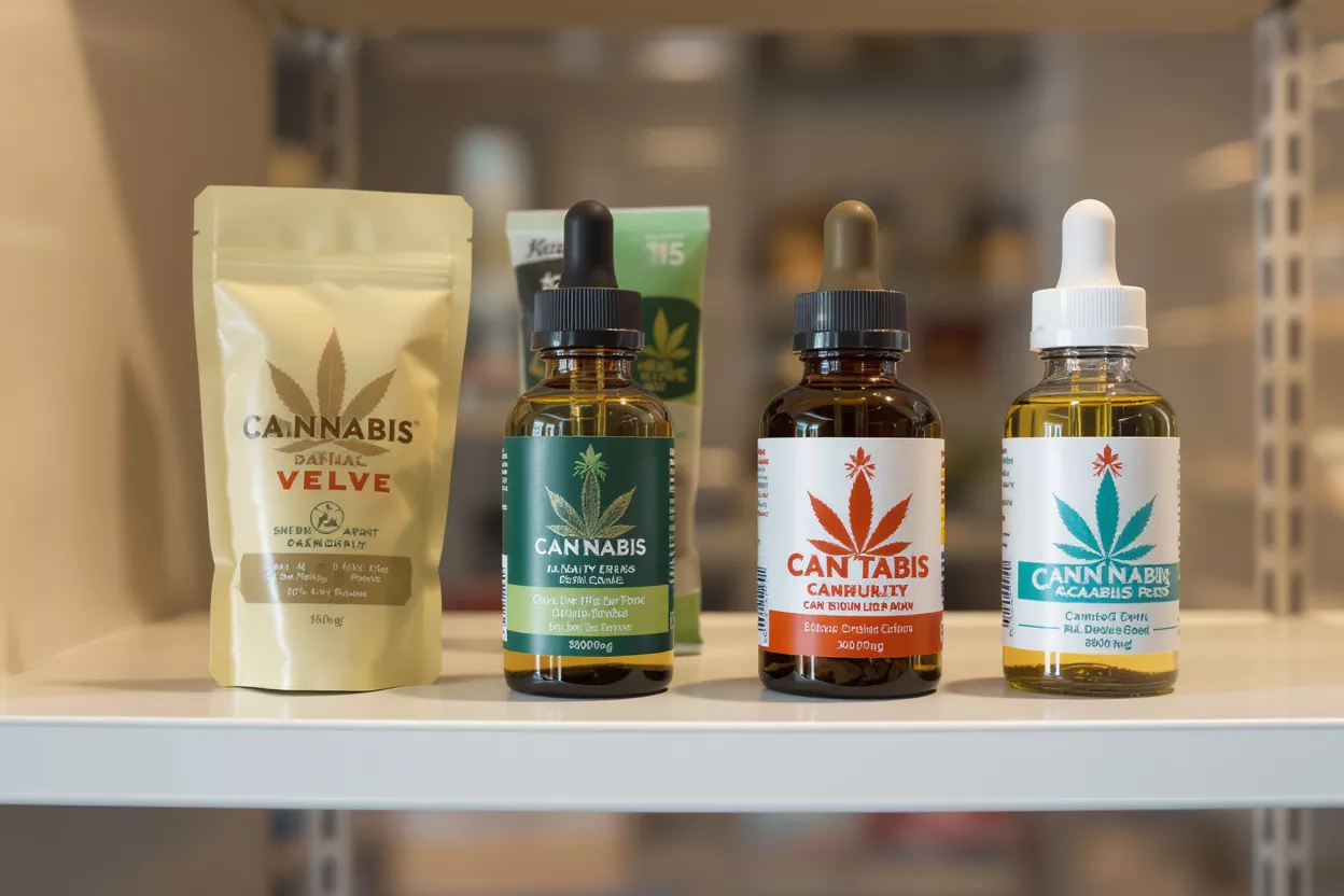 Various cannabis products including a pouch and three dropper bottles on a shelf.