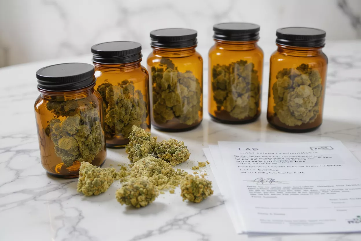 Cannabis Buds and Lab Report Five amber jars filled with cannabis buds, loose buds, and a lab report on marble.