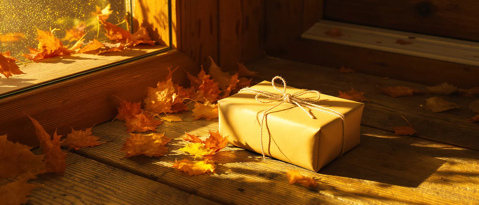 A brown gift box with twine bow, surrounded by autumn leaves on a wooden floor.