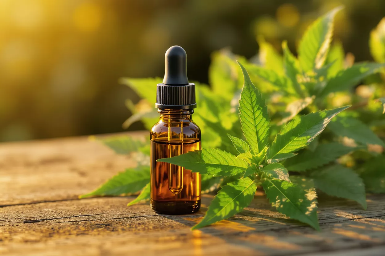 Botella cuentagotas ámbar de aceite de CBD junto a una planta de cáñamo verde vibrante sobre madera.