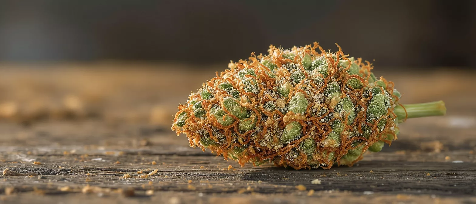 Un bourgeon de cannabis vert vif couvert de poils orange et de trichomes blancs sur du bois.
