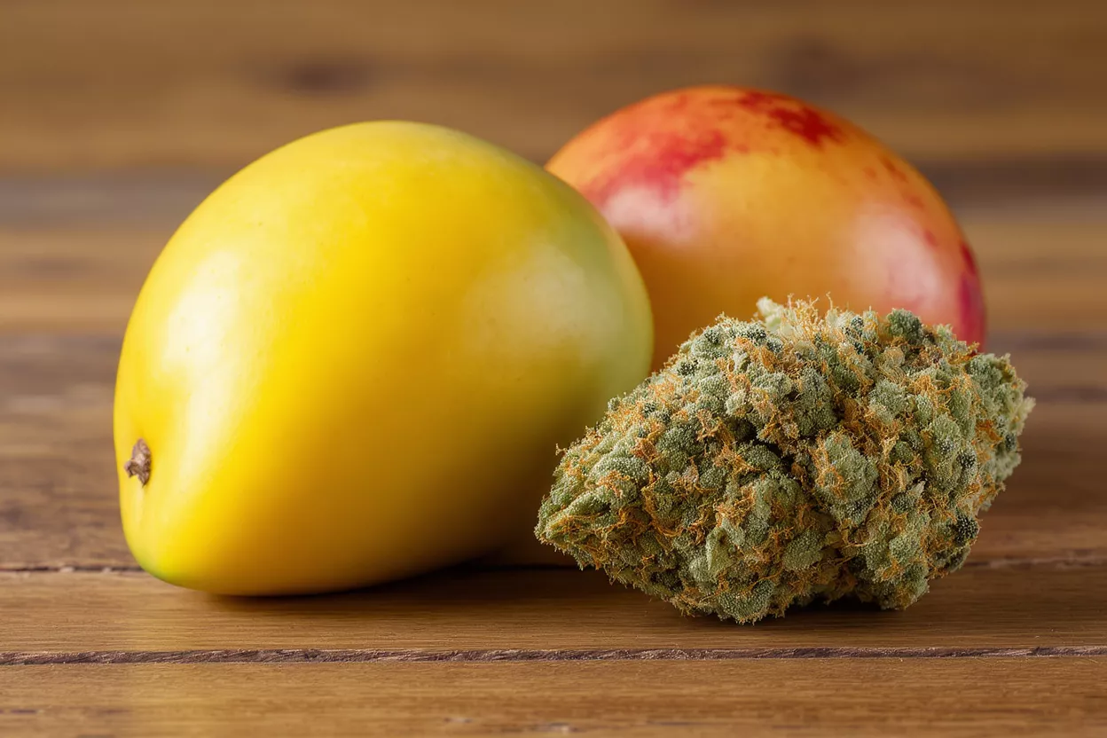 Mangue et tête de cannabis Une mangue jaune vif, une mangue rouge-orange et une tête de cannabis sur une table en bois.