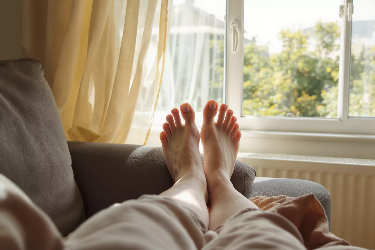 Pieds détendus sur un canapé Gros plan de pieds nus reposant sur un canapé avec une fenêtre lumineuse en arrière-plan.