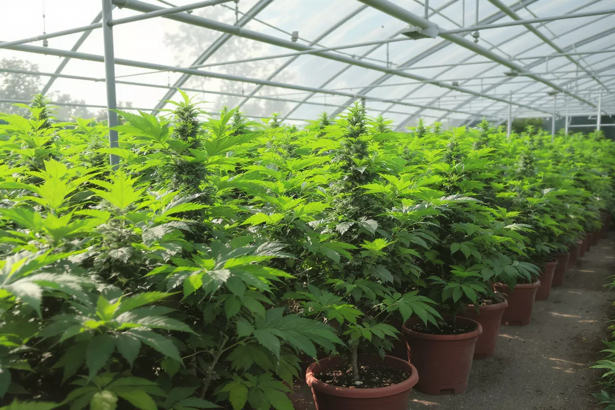 Culture de cannabis en serre Rangées de plants de cannabis d'un vert vif poussant à l'intérieur d'une grande serre.
