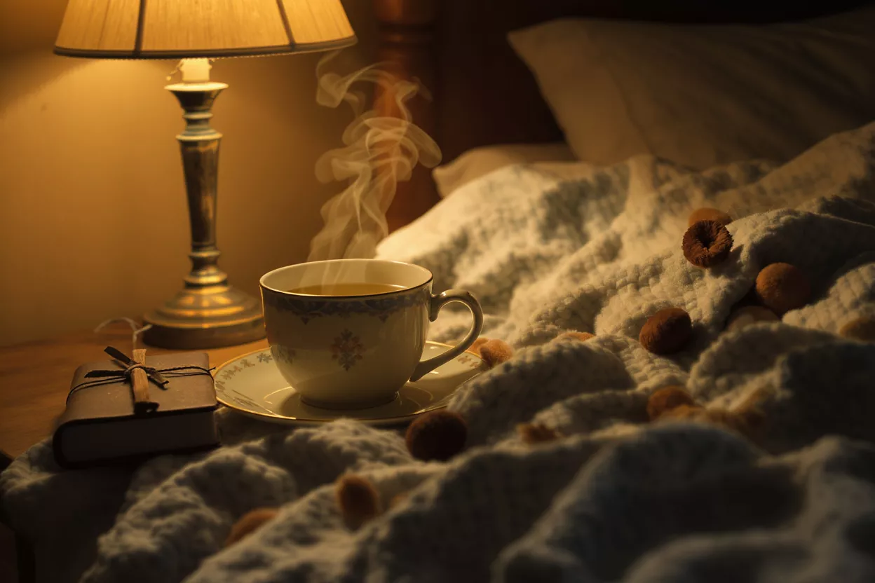 Thé et Friandises Confortables au Chevet Tasse de fumant, petit livre et collations sur un lit confortable avec la lumière d'une lampe.