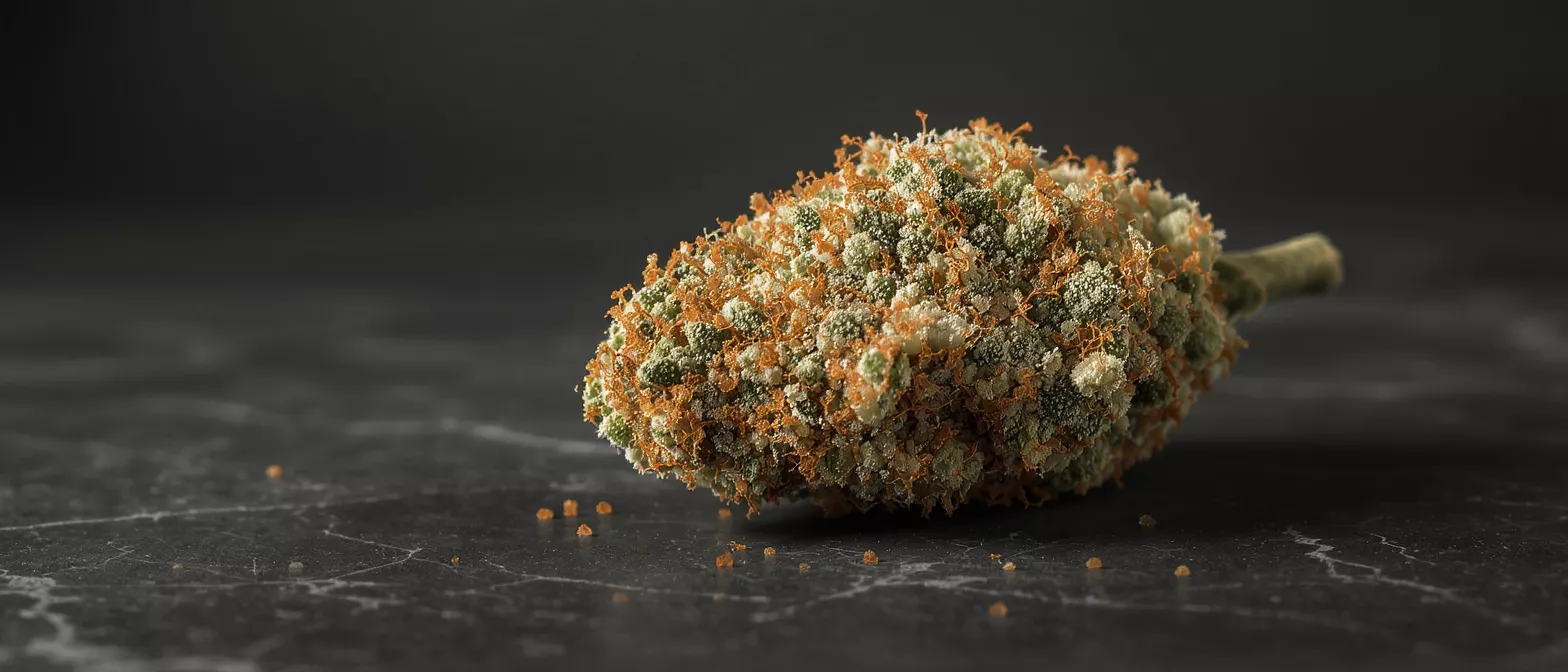 Gros plan d'un bourgeon de cannabis avec des poils oranges et des trichomes blancs sur une surface sombre.