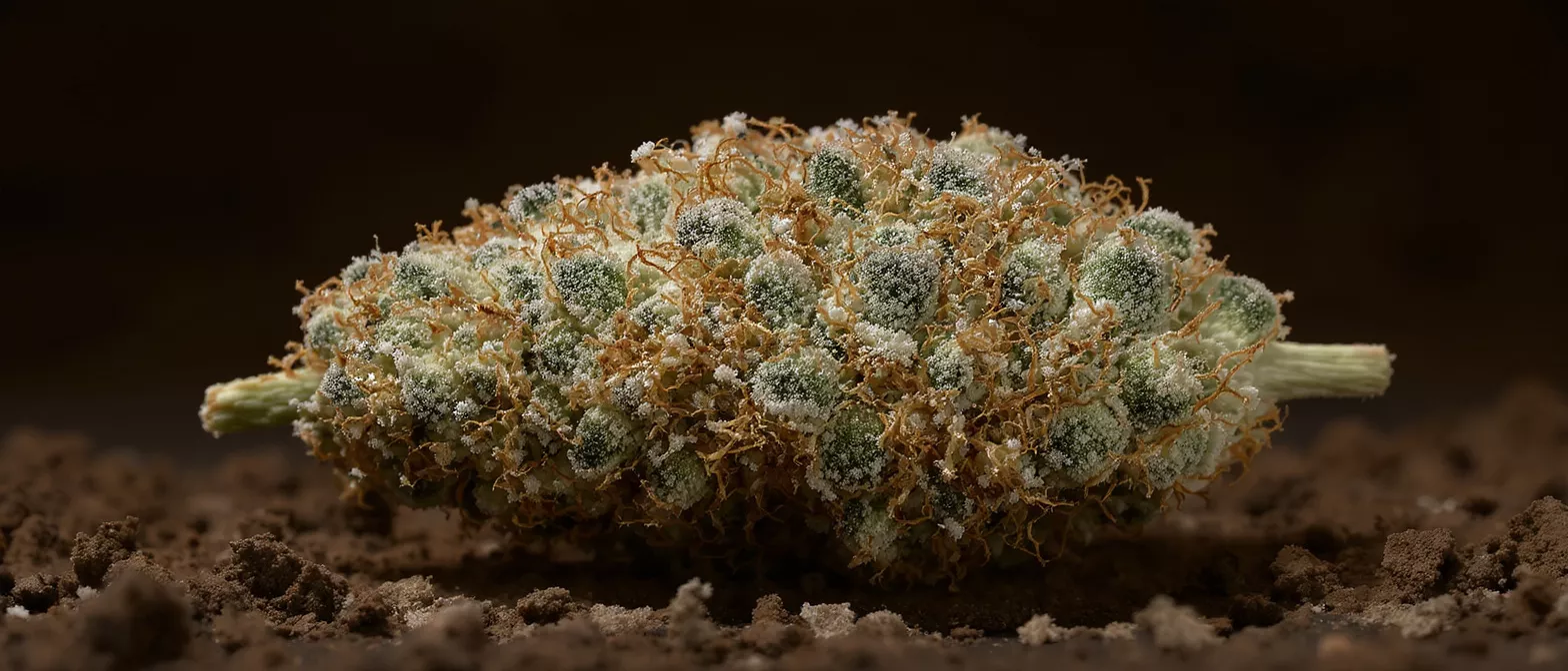 A close-up of a cannabis bud covered in trichomes and orange pistils on dark soil.