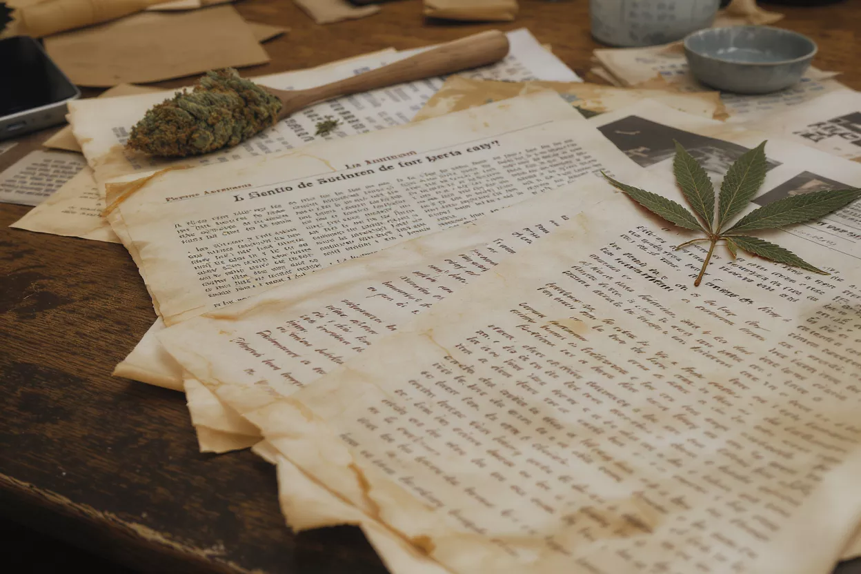 Cannabis bud and leaf on vintage papers, wooden spoon, and a small bowl.