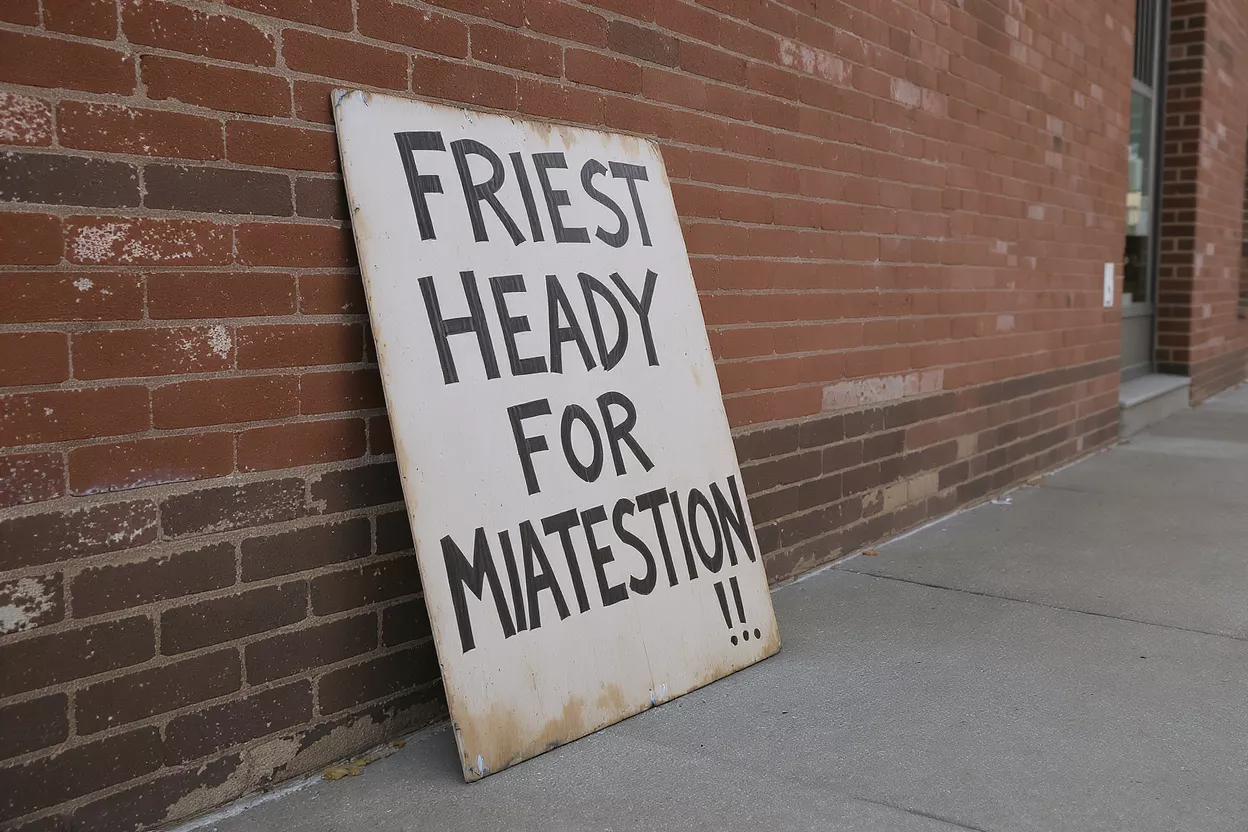 White wooden sign with black text "FRIEST HEADY FOR MIATESTION!!" leaning against a brick wall.
