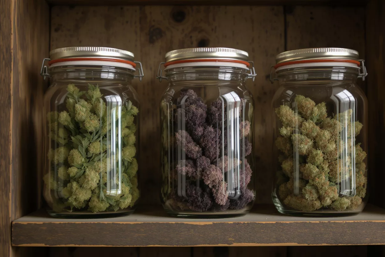 Three glass jars filled with different colored cannabis buds on a wooden shelf.
