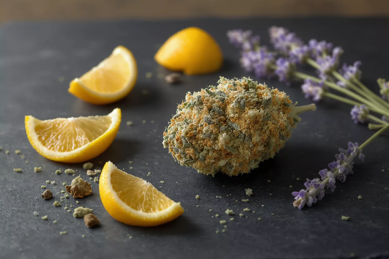 Cannabis bud, lemon slices, and lavender sprigs on a dark surface.