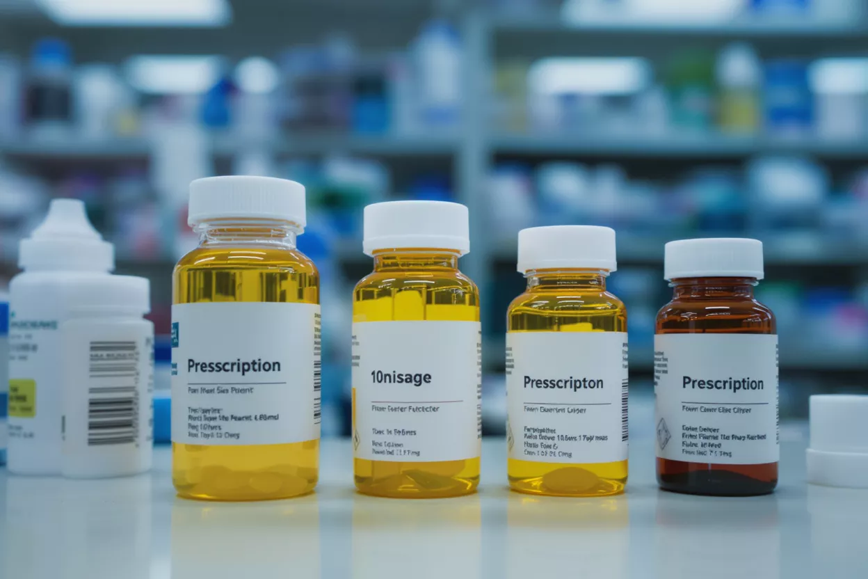 Four amber and clear pharmacy bottles with liquid medication and labels on a counter.