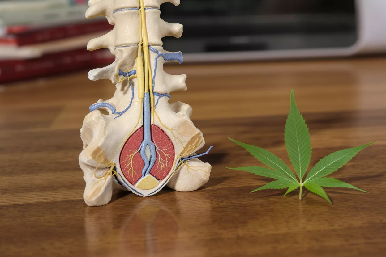 Modelo de columna junto a una hoja de cannabis sobre una superficie de madera.