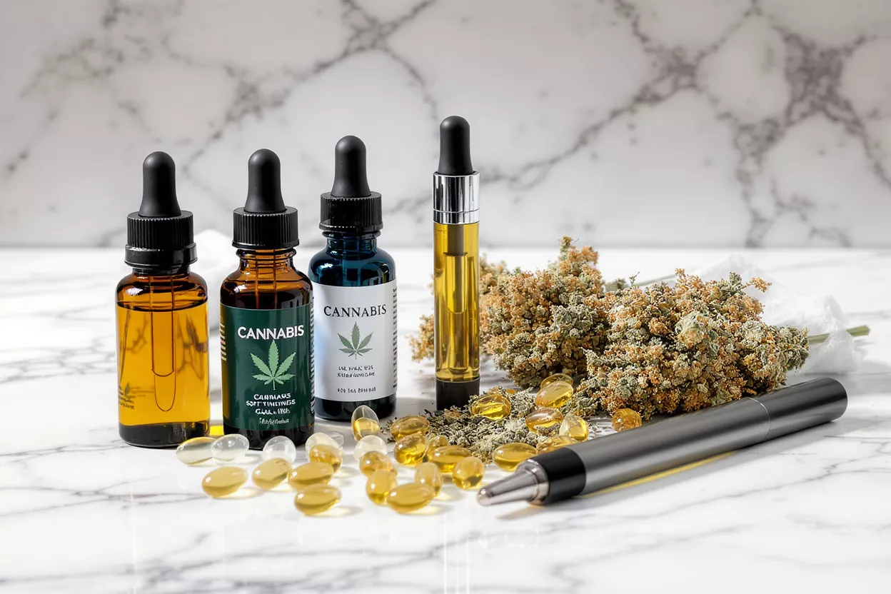 Tres frascos de aceite de CBD, vaporizador, hierba seca y cápsulas blandas sobre mármol.