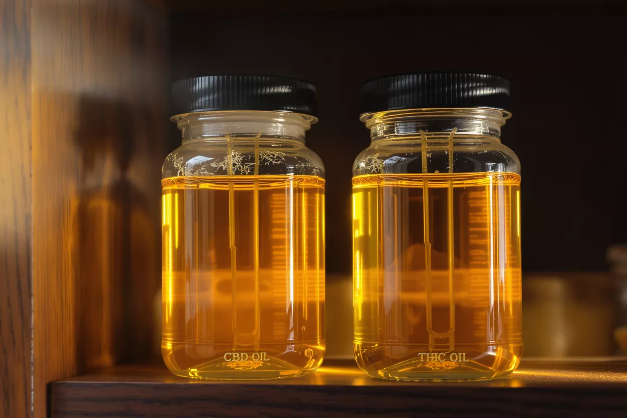 Dos frascos de vidrio transparente, uno etiquetado Aceite de CBD, el otro Aceite de THC, en un estante de madera.