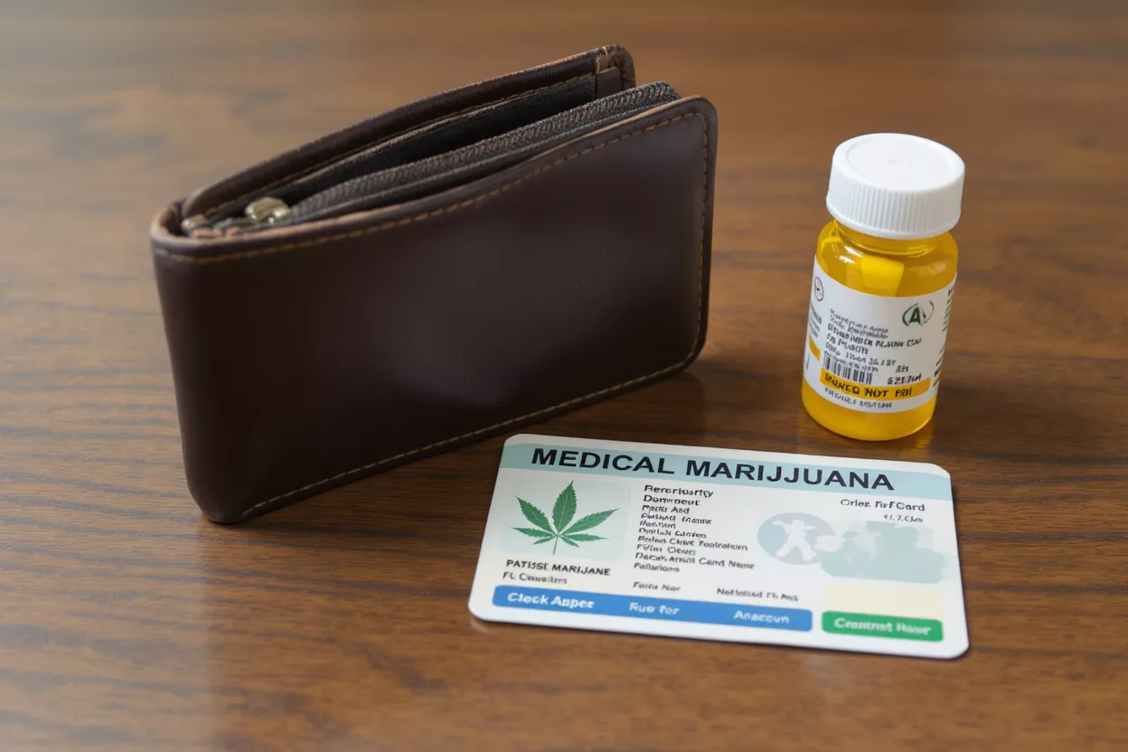Tarjeta de marihuana medicinal, cartera marrón y frasco de receta sobre una mesa de madera.