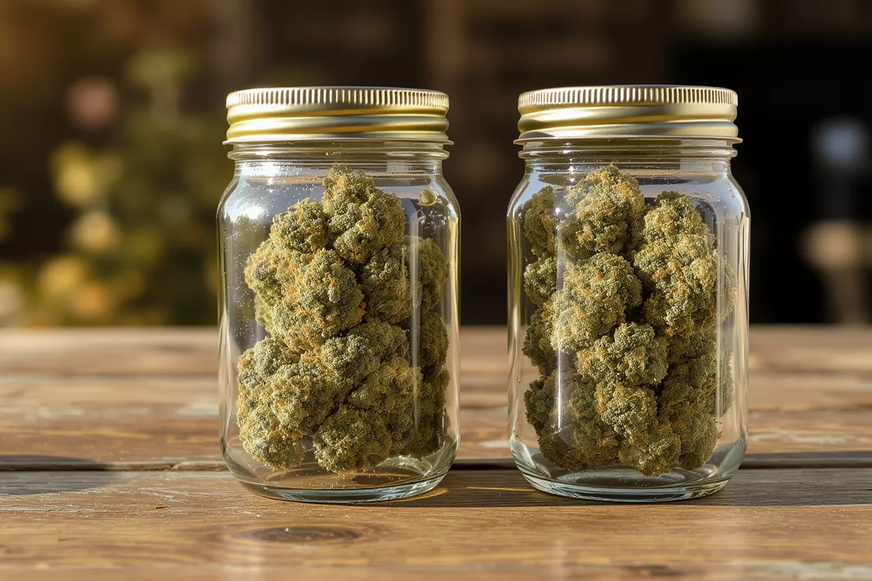 Two glass jars filled with dried cannabis buds on a wooden table outdoors.