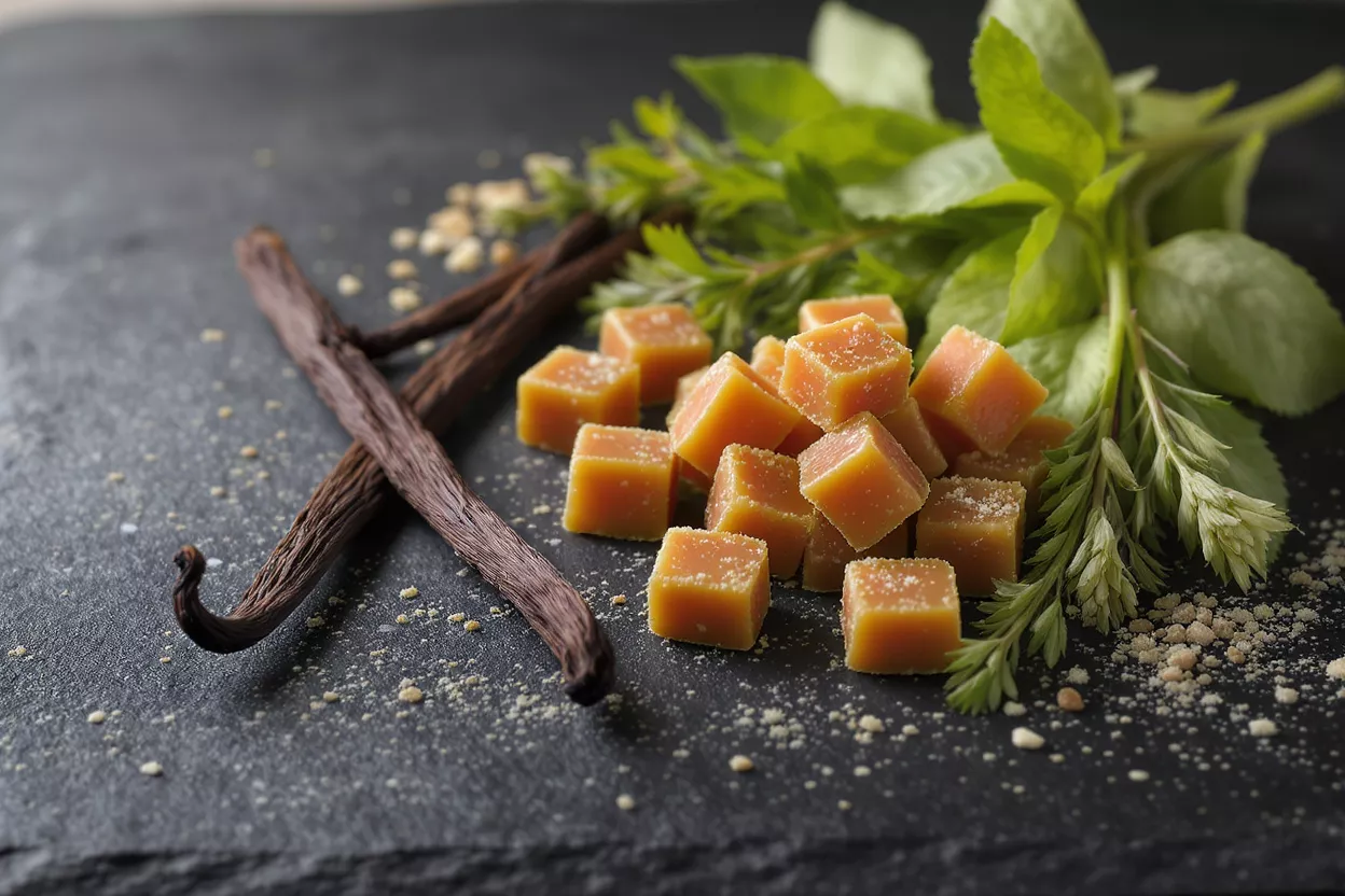 Small caramel cubes, vanilla beans, and fresh herbs on a dark surface.