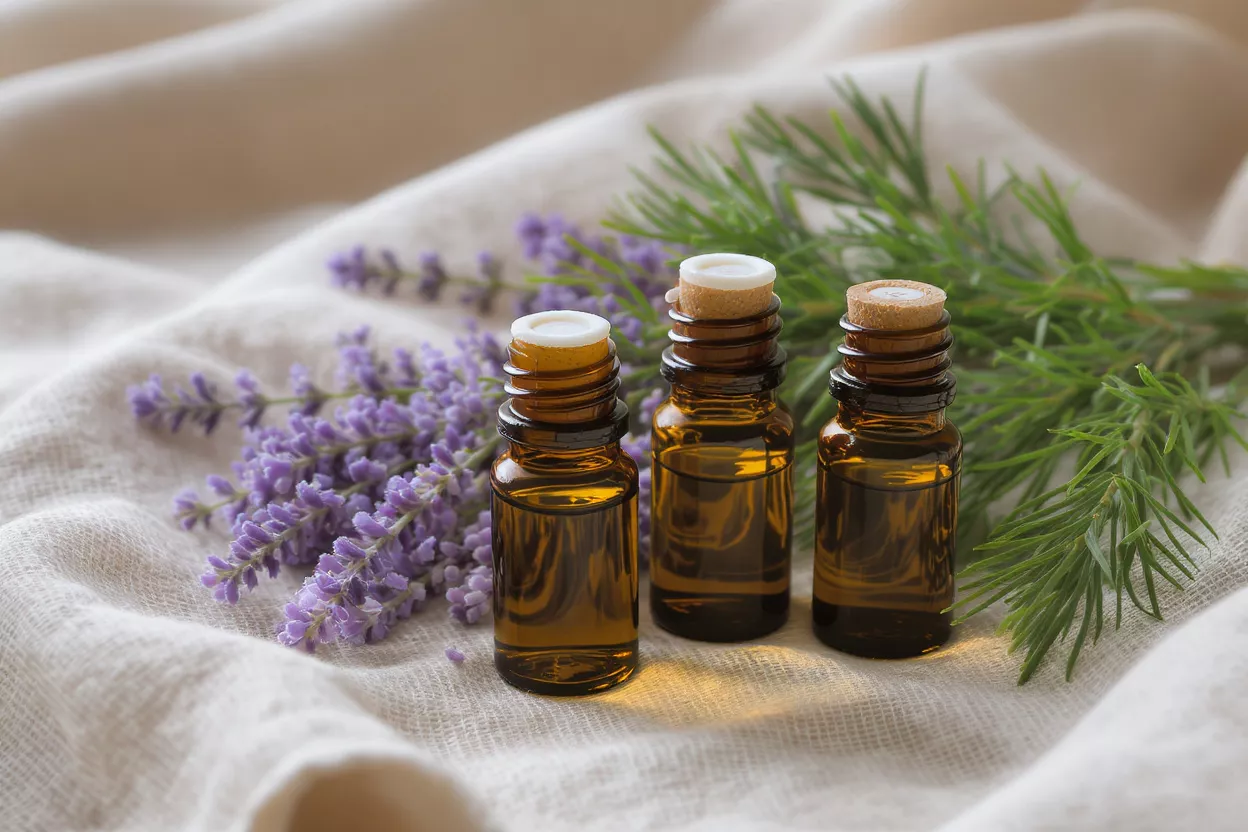 Three amber essential oil bottles with lavender and rosemary on a light fabric.