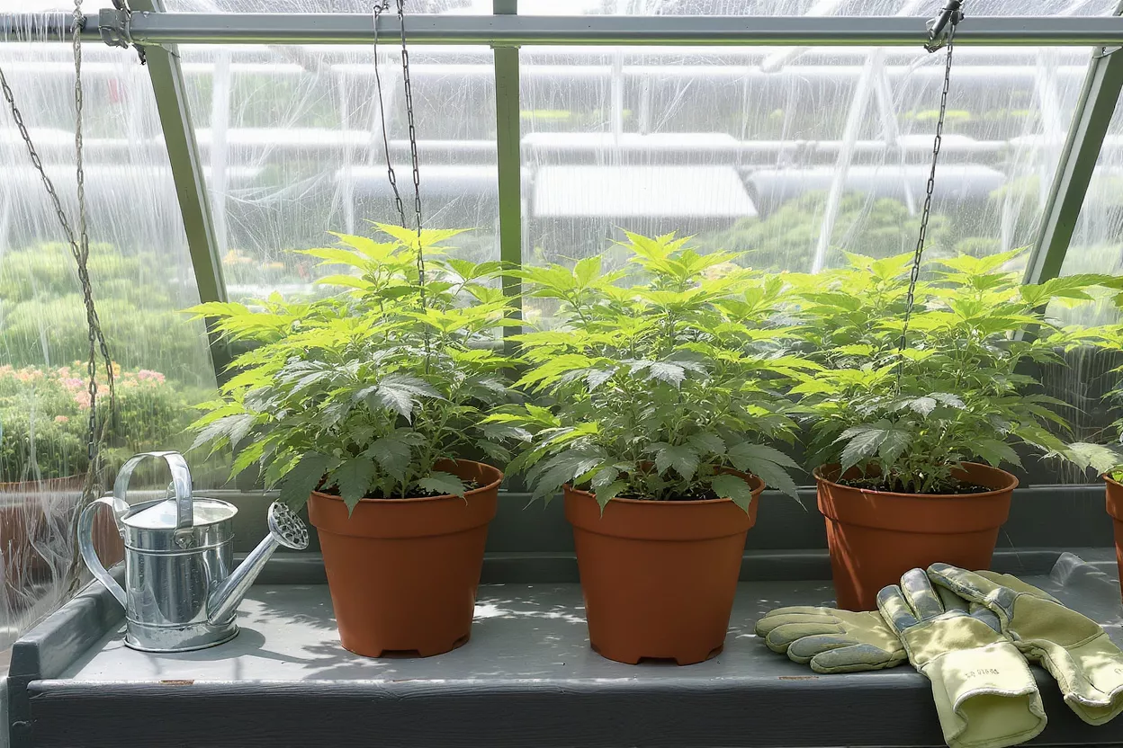 Three potted green plants inside a greenhouse with gardening gloves and watering can.