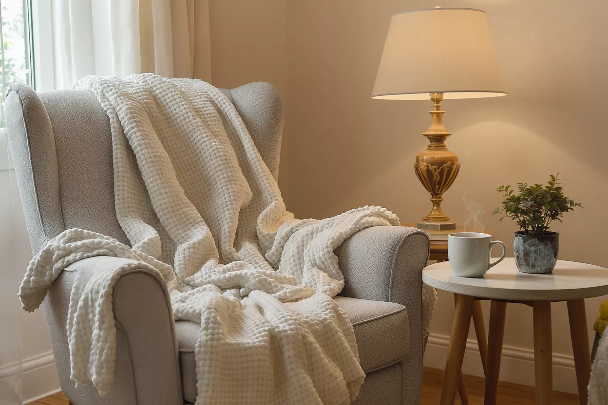 Light gray armchair with a white waffle knit throw blanket, lamp, and coffee.