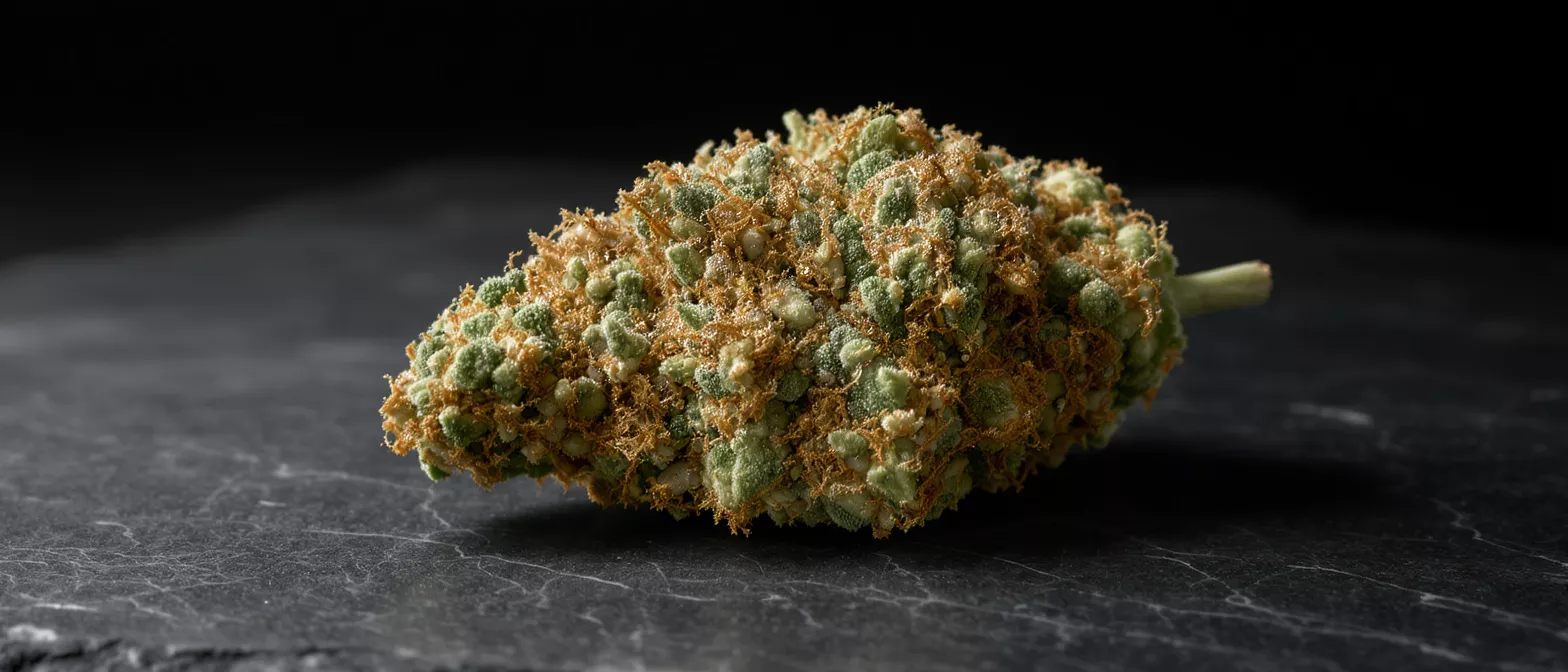 Close-up of a cannabis bud with green and orange hues on a dark background.