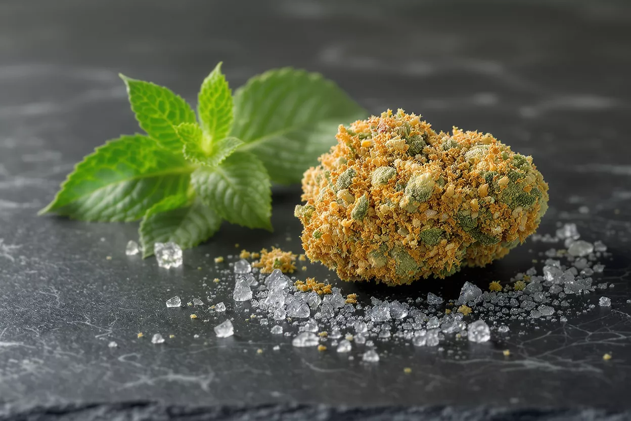 Close-up of a cannabis nugget, mint leaves, and salt crystals on dark surface.