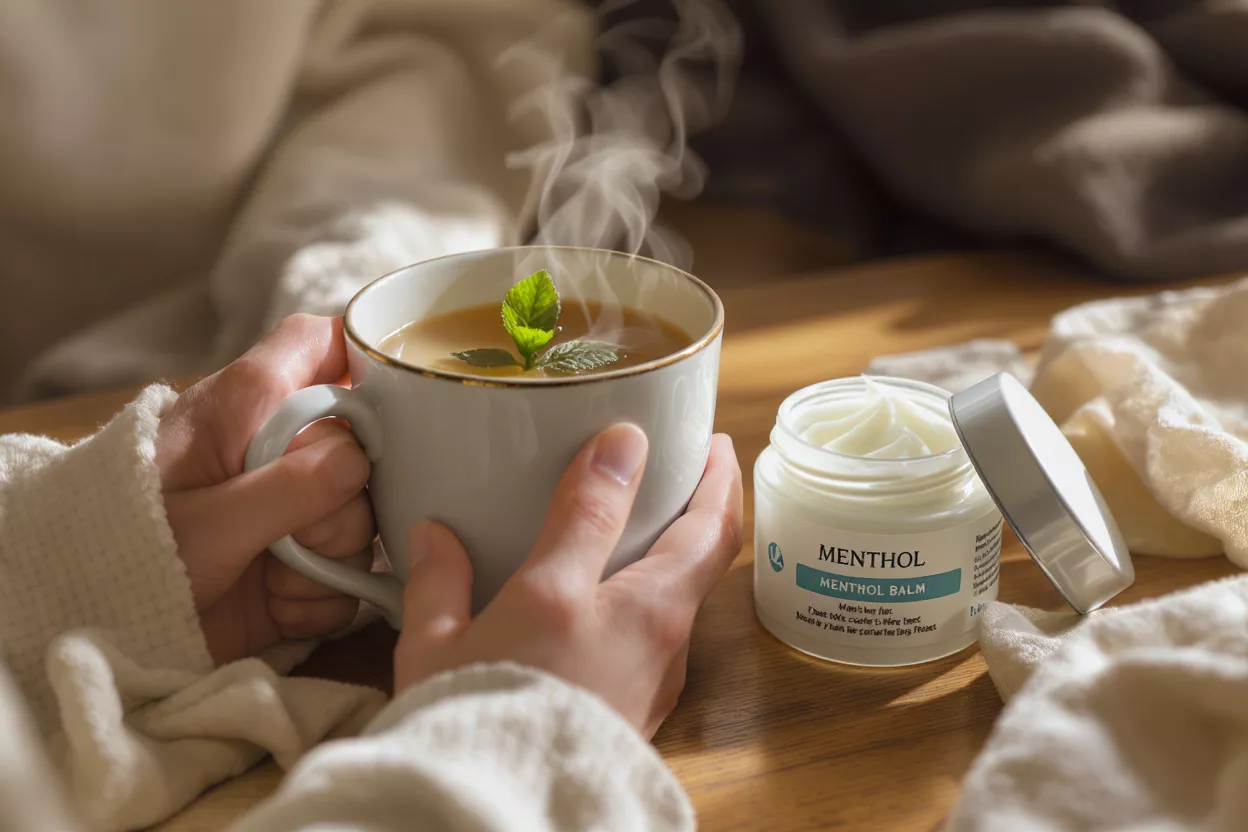 Hands holding a steaming mug of tea with mint, next to an open jar of menthol balm.