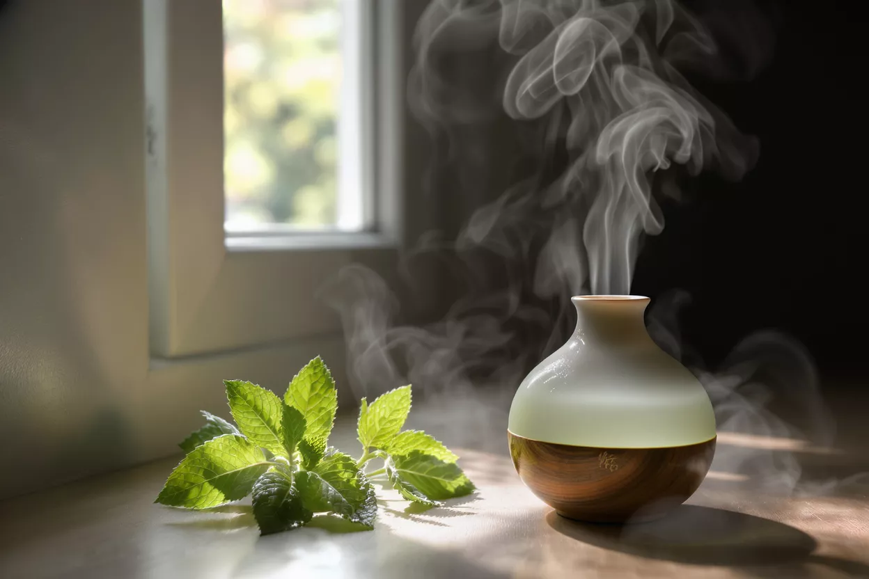 A white and wood aroma diffuser emitting mist next to fresh mint leaves by a window.