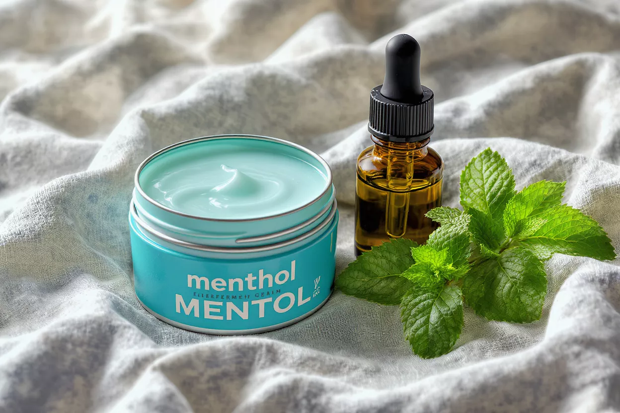 Menthol cream, dropper bottle, and fresh mint leaves on a textured fabric.