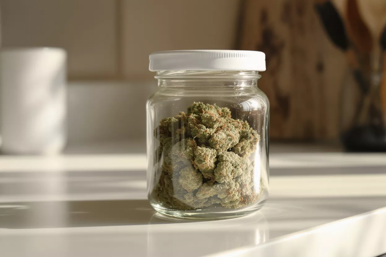 Close-up of cannabis buds in a clear glass jar with a white lid.