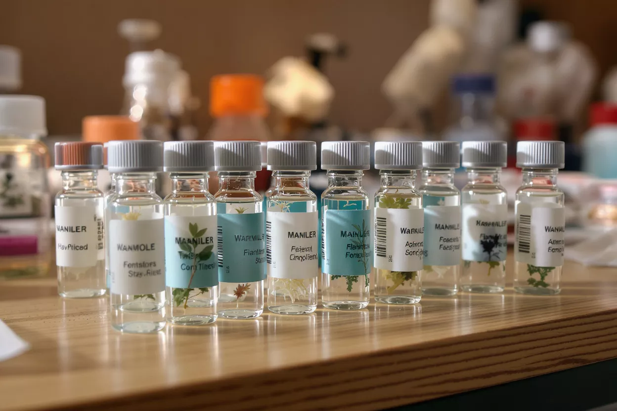 Close-up of small glass vials containing plant specimens, labeled, in a laboratory setting.