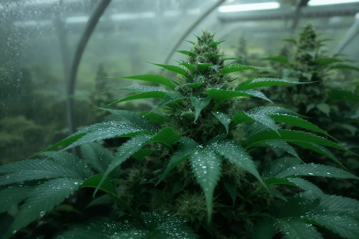 Close-up of a vibrant green cannabis plant with dew drops in a greenhouse.