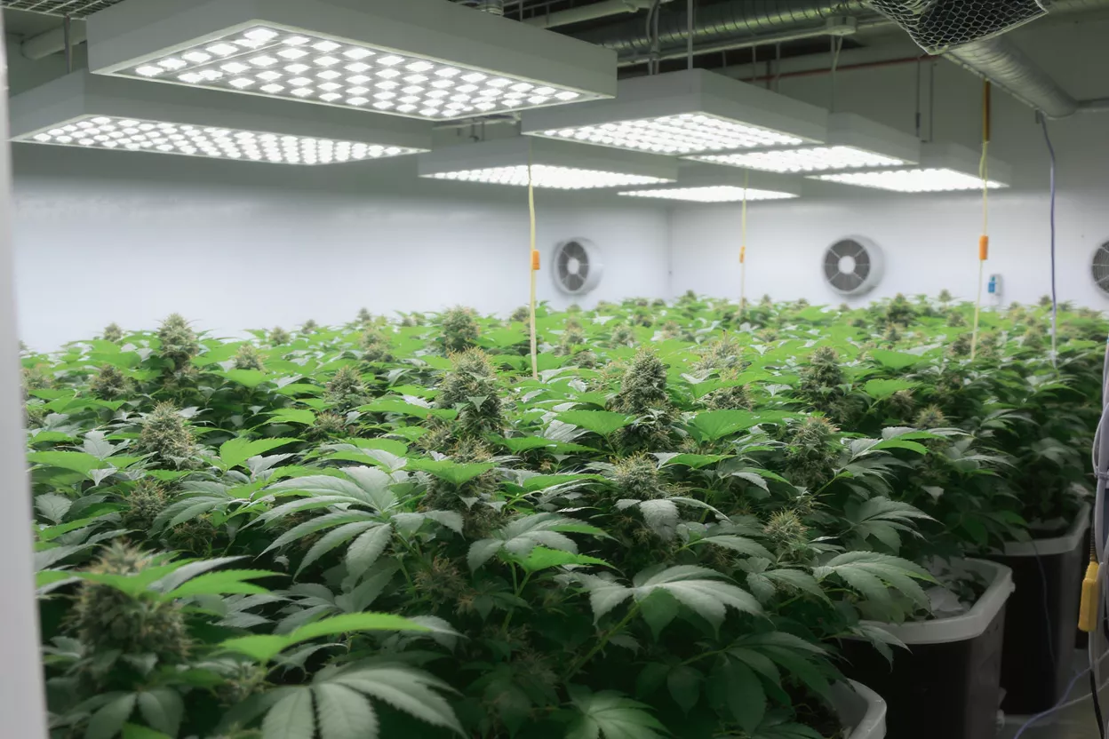 Rows of cannabis plants with large buds under bright LED grow lights in an indoor facility.