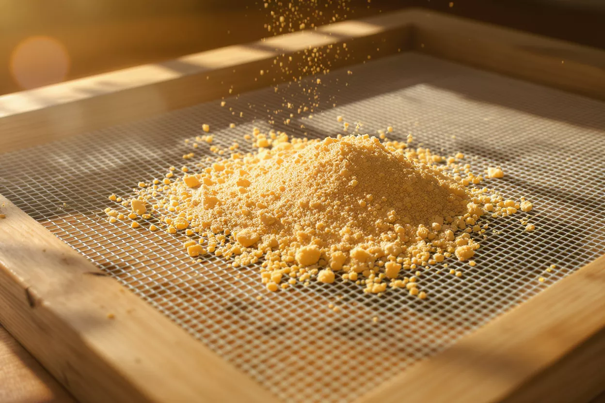 Close-up of yellow powder being sifted through a fine mesh sieve.