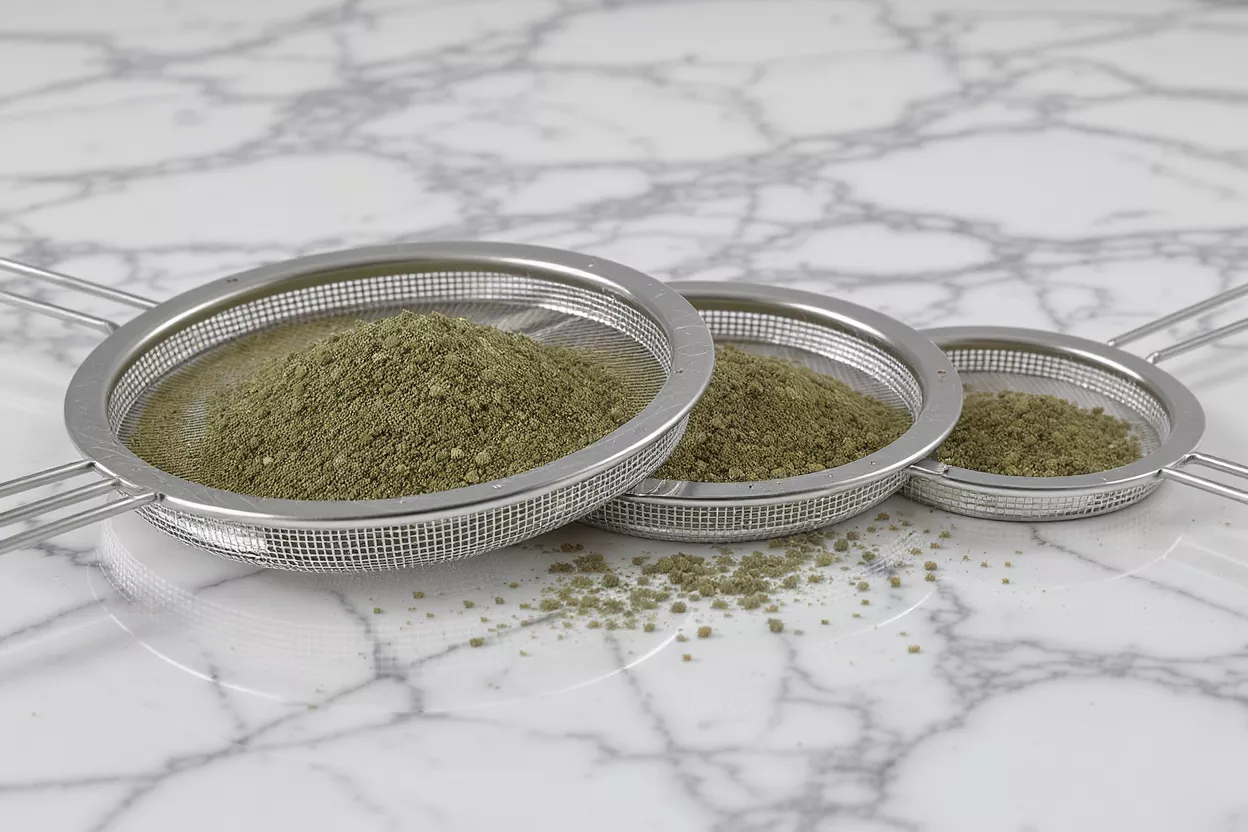 Three metal strainers with green powder on a white marble surface.