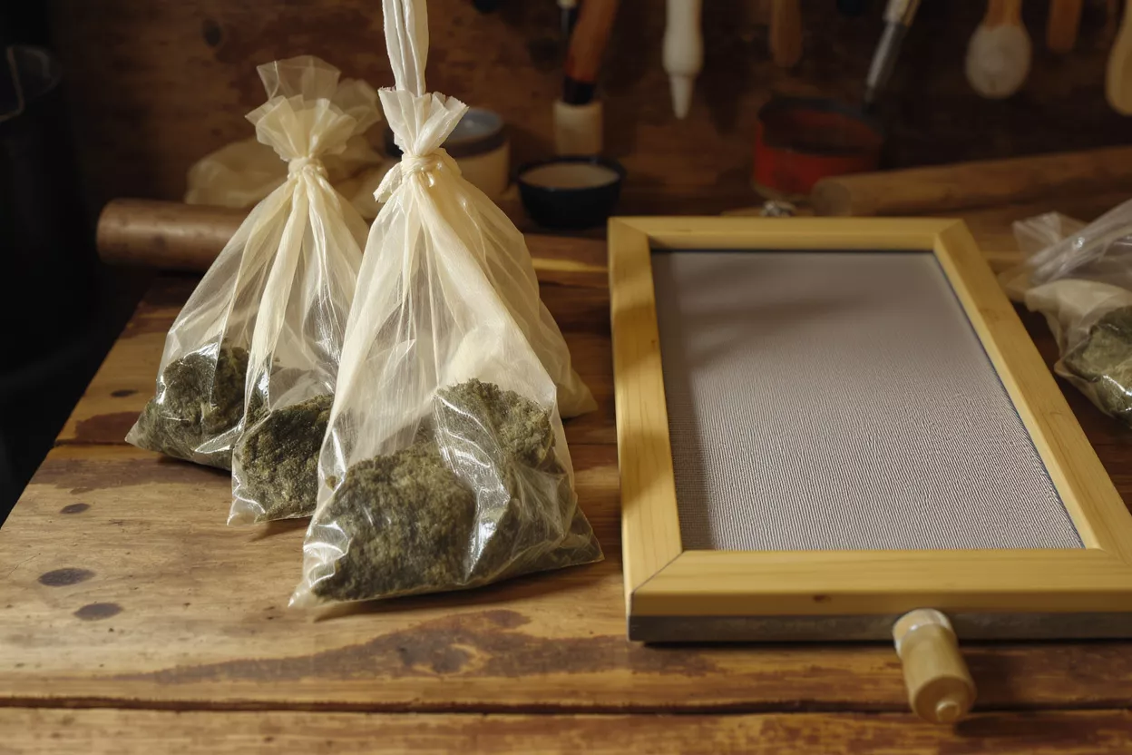 Two plastic bags filled with green herbs next to a wooden drying screen.