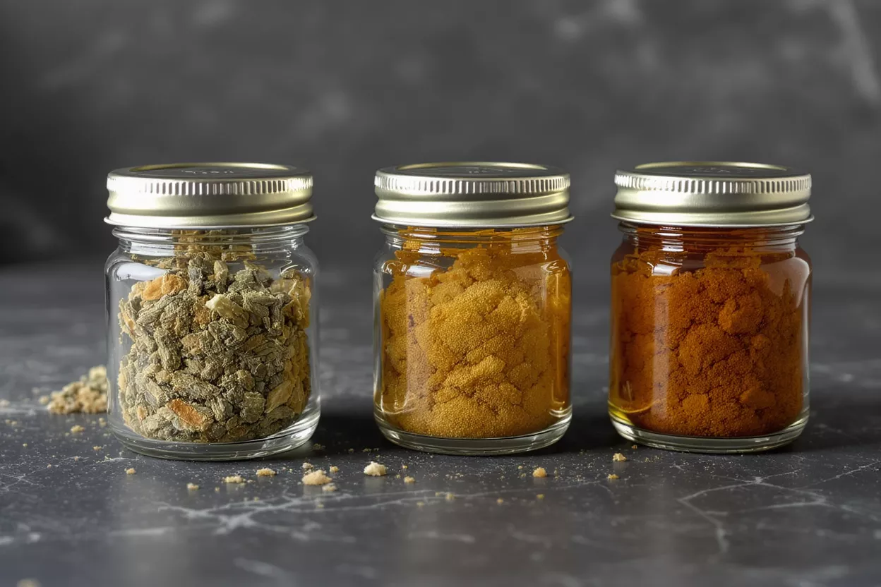 Three small glass jars filled with different spices on a dark background.