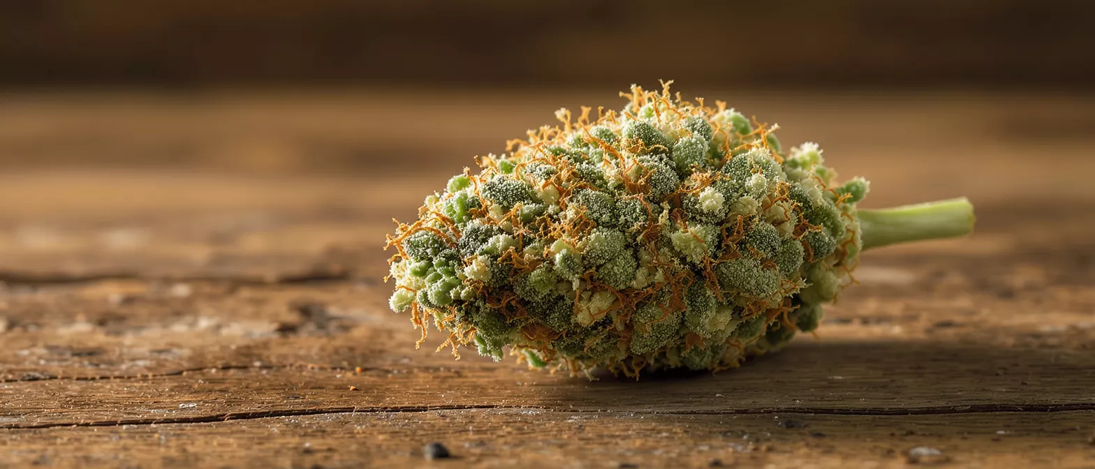 Primer plano de un cogollo de cannabis verde vibrante con pelos naranja sobre una superficie de madera rústica.