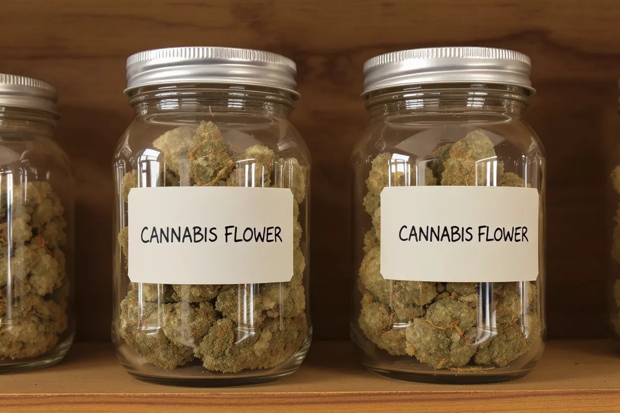 Flores de cannabis en frascos Tres frascos de vidrio llenos de flores de cannabis, etiquetados, en un estante de madera.