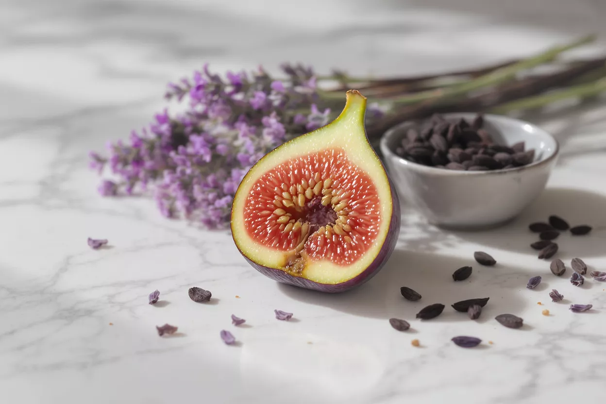 Higo, Lavanda y Chocolate Medio higo, ramitas de lavanda y chispas de chocolate sobre una superficie de mármol blanco.