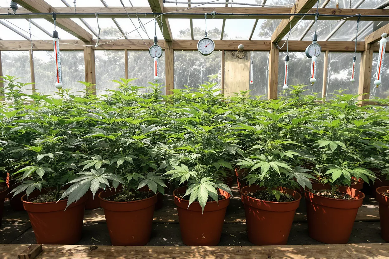 Plantas de cannabis en invernadero Filas de plantas de cannabis de verde vibrante creciendo en un invernadero iluminado por el sol con termómetros.