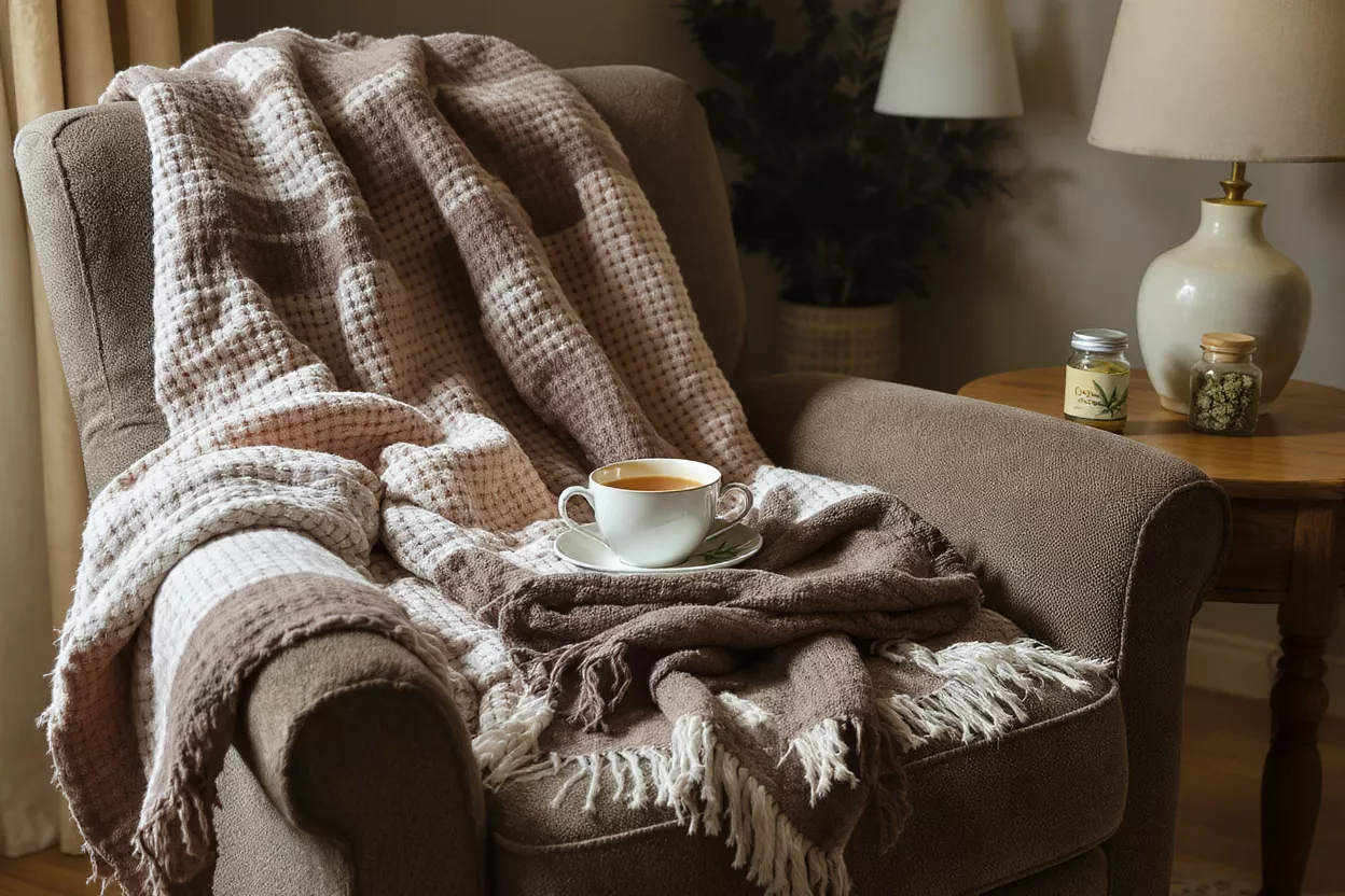 Sillón acogedor con té Un sillón cálido y acogedor con una manta y una taza de té.