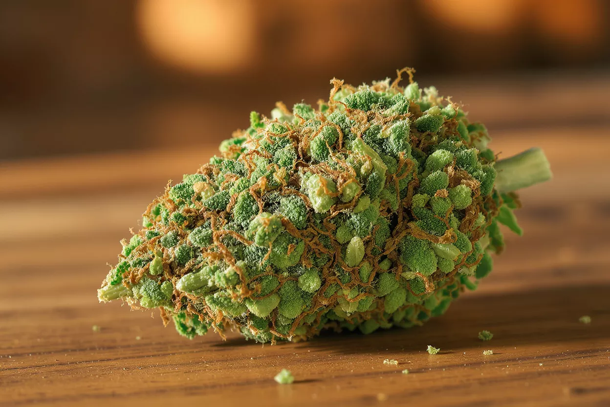Close-up of a vibrant green cannabis bud with orange hairs on a wooden table.
