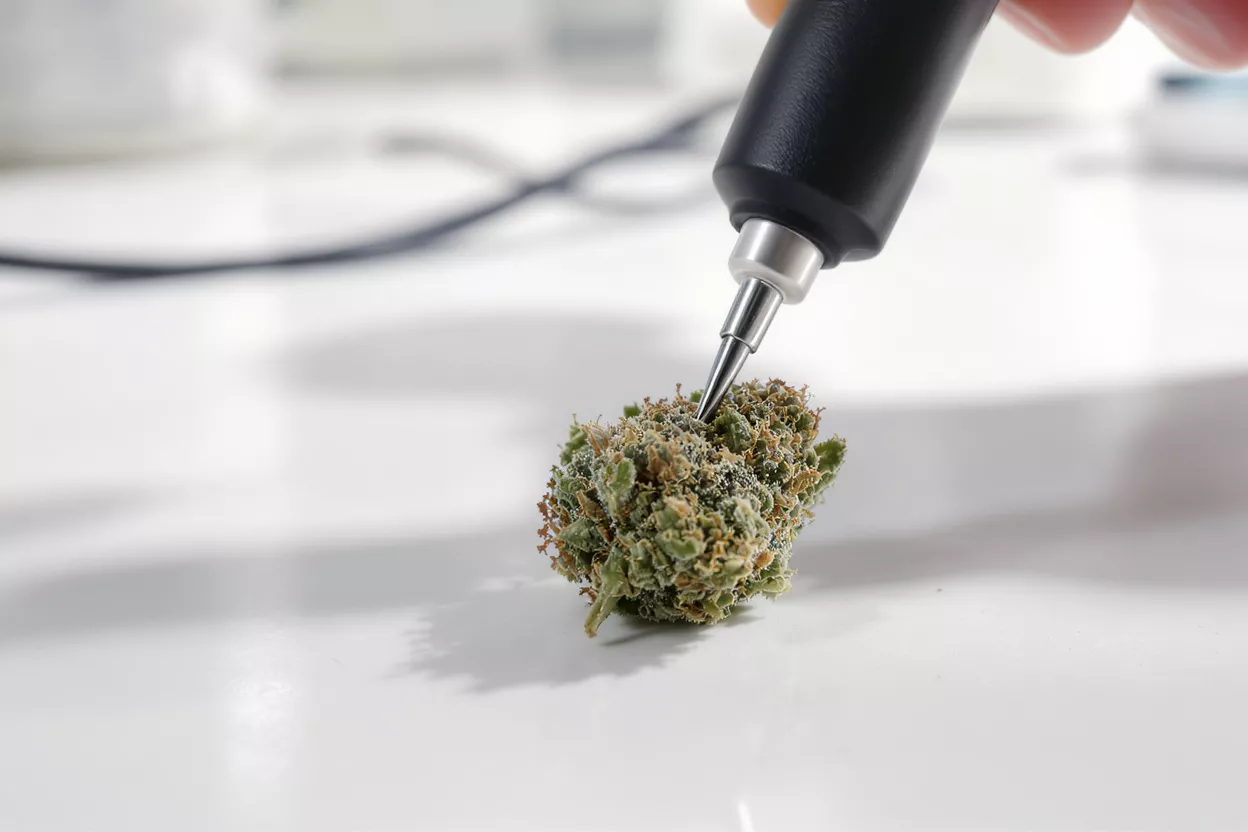 Close-up of a hand using a tool to inspect a cannabis bud on a white surface.