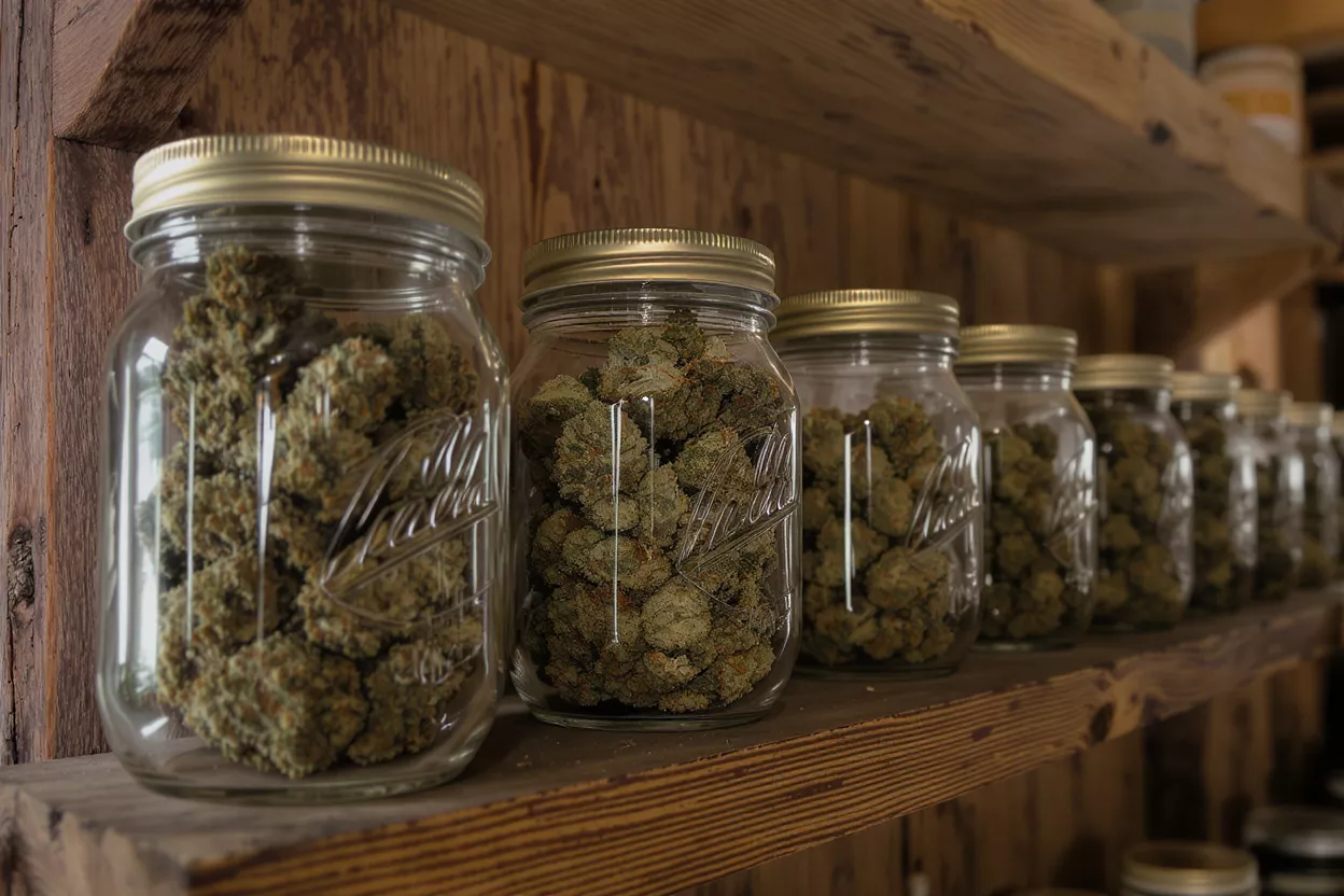 Several glass mason jars filled with cannabis buds on a rustic wooden shelf.